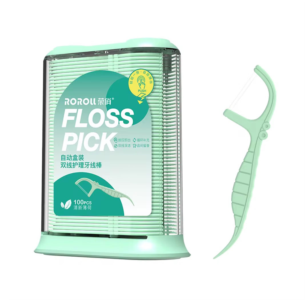 Mint Double-Line Dental Floss Picks – Automatic Pop-Up Dispenser | Dual Thread Flossers