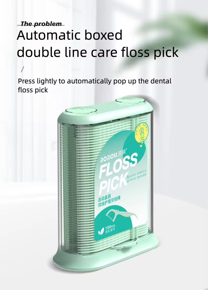 Mint Double-Line Dental Floss Picks – Automatic Pop-Up Dispenser | Dual Thread Flossers